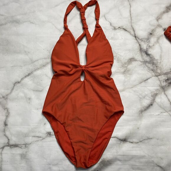 Bar III Like Knot One-Piece Swimsuit L Cinnamon Burnt Orange Ribbed Halter New - Picture 2 of 6